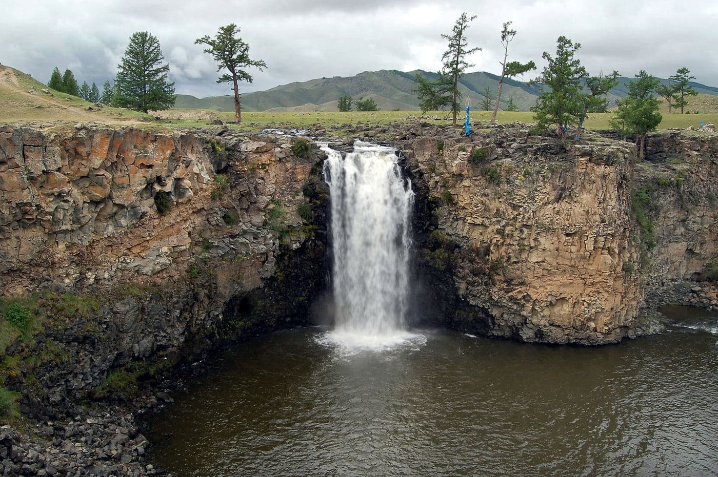 The Ulaan-Tsutgalan waterfall on the Ulaan Gol, near its discharge into the Orkhon River, Mongolia