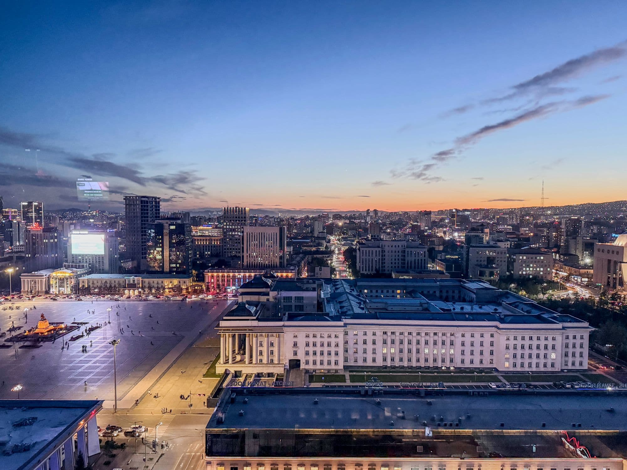 Evening view of Sukhbaatar Square, Ulaanbaatar